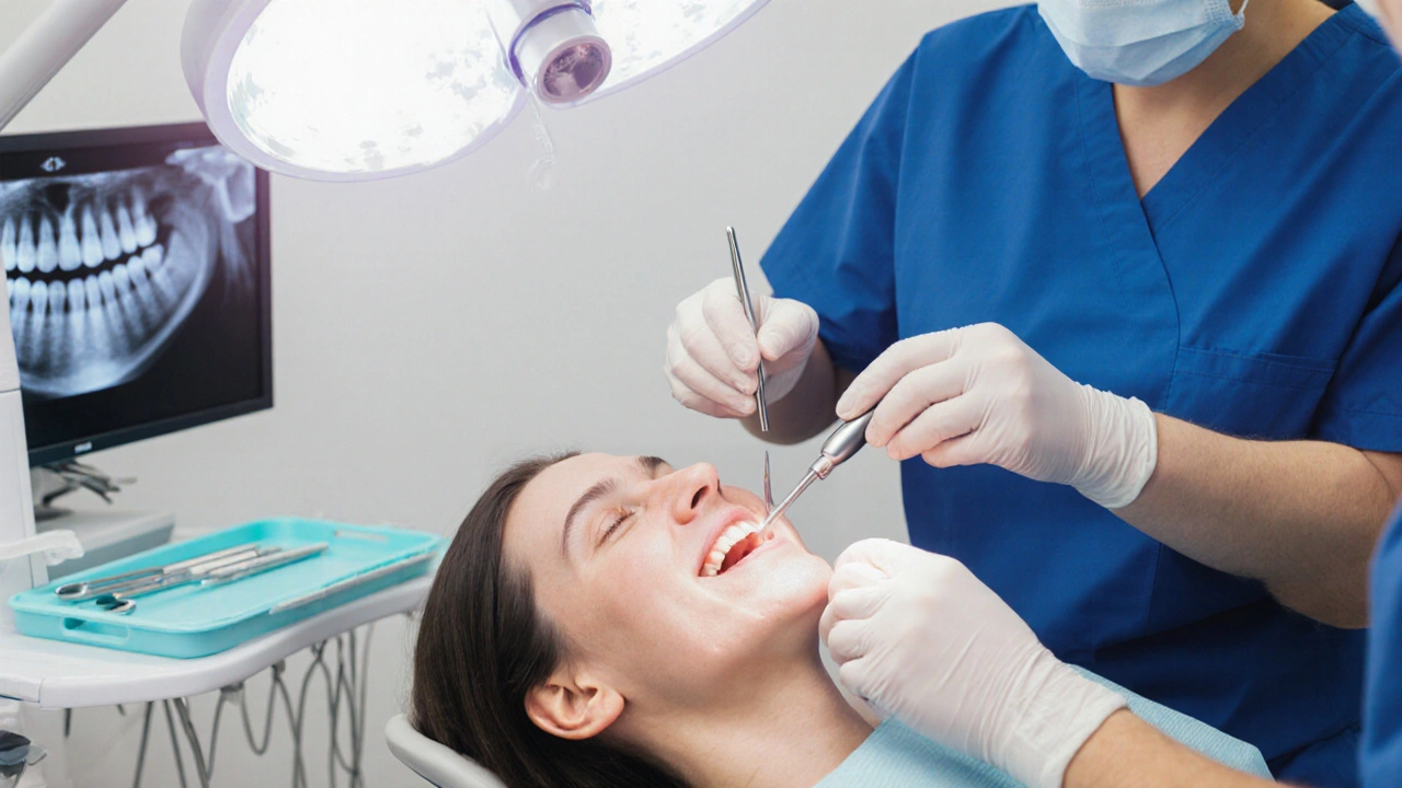 Dentista provádí scaling v moderní ordinaci, čisté dásně po odstranění plaku.