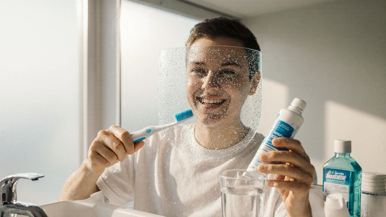 Osoba si čistí zuby fluoridovou pastou, obklopena vizuálním štítem chránícím sklovinu.