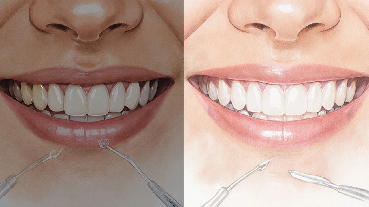 Before and after smile transformation with natural-looking ceramic veneers.
