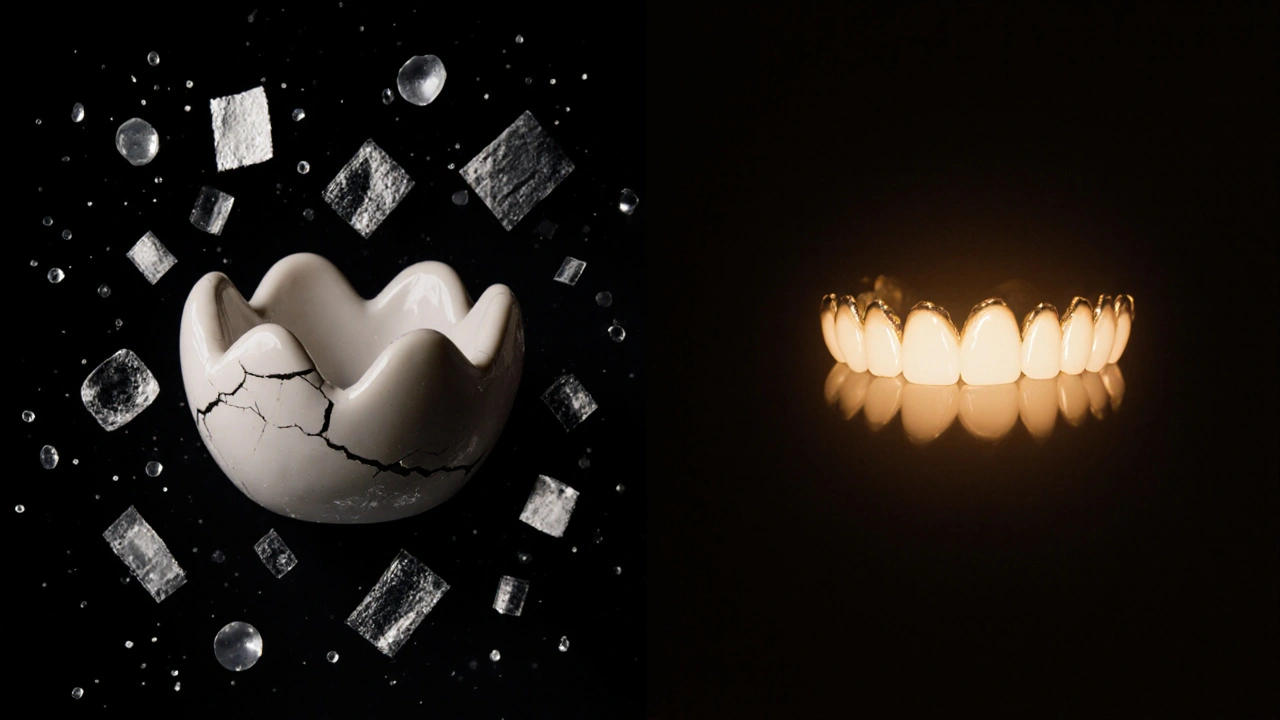 Broken crown with failed bleaching products beside a glowing new crown.