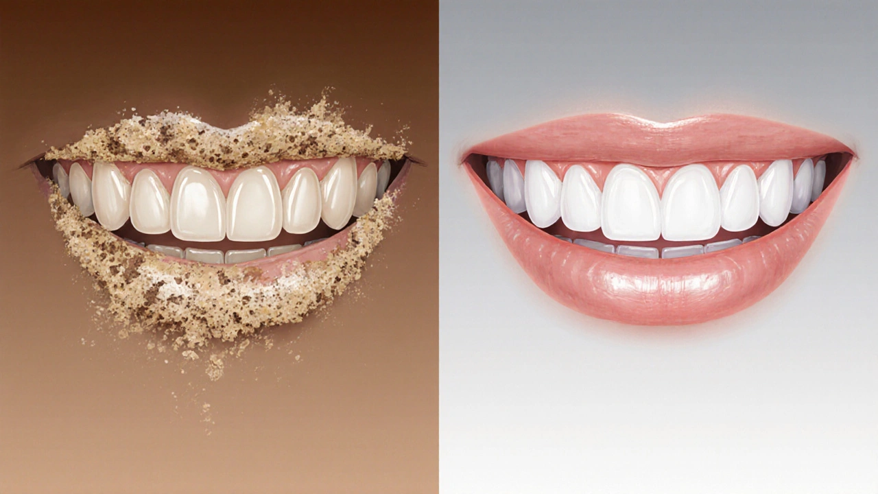 Contrast between tartar-covered teeth and naturally whitened enamel.
