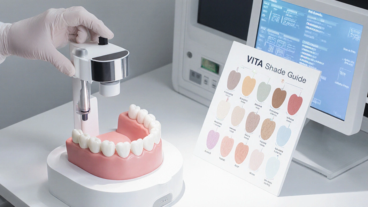 Dental technician scanning teeth with a spectrophotometer while preparing a matching crown.
