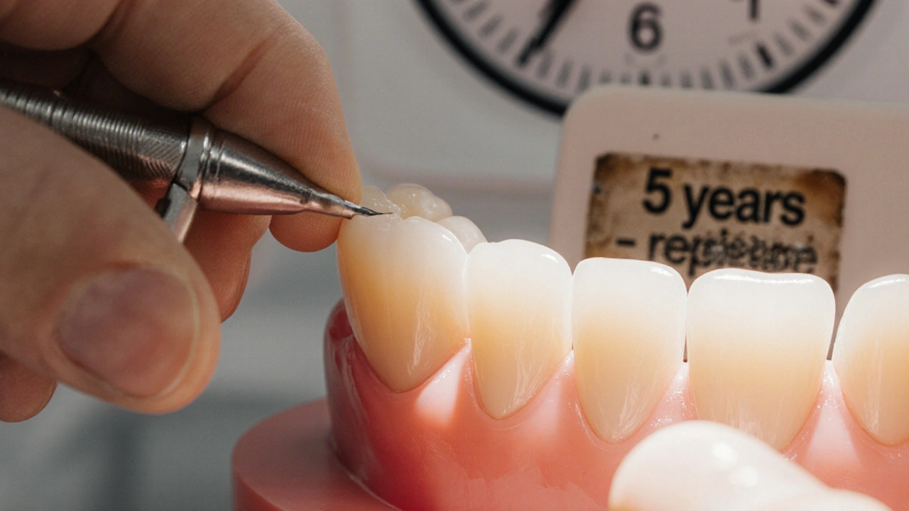 Dentista přilepuje tenkou keramickou fazetu na zub s přesnými nástroji a modely v pozadí.