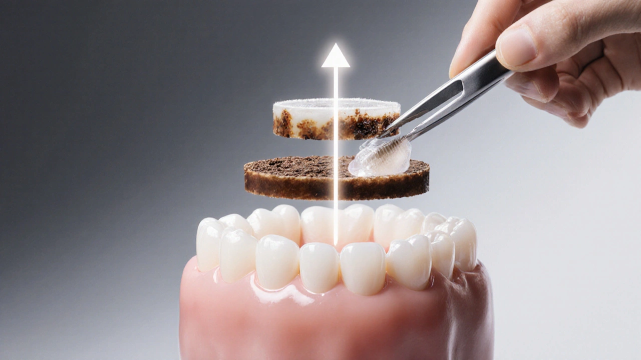 Visual hierarchy of dental cleaning: stains, tartar removal, and whitening process.