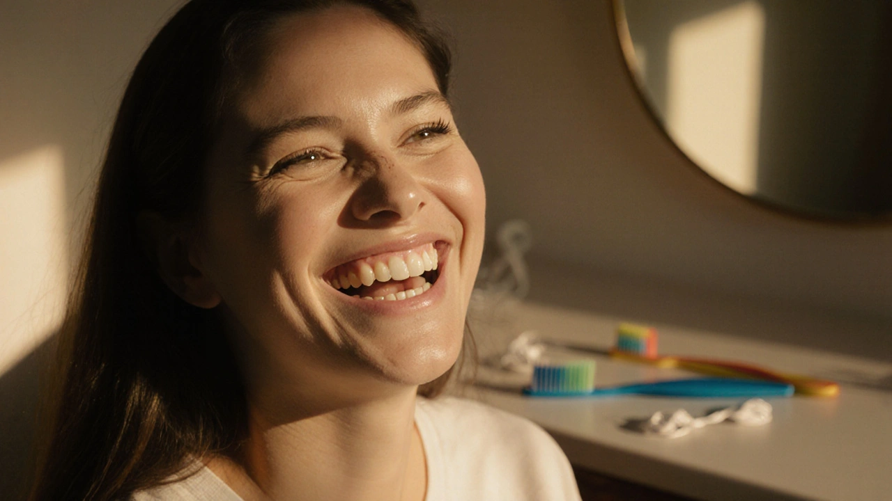 Woman laughing with a radiant smile enhanced by ceramic veneers.