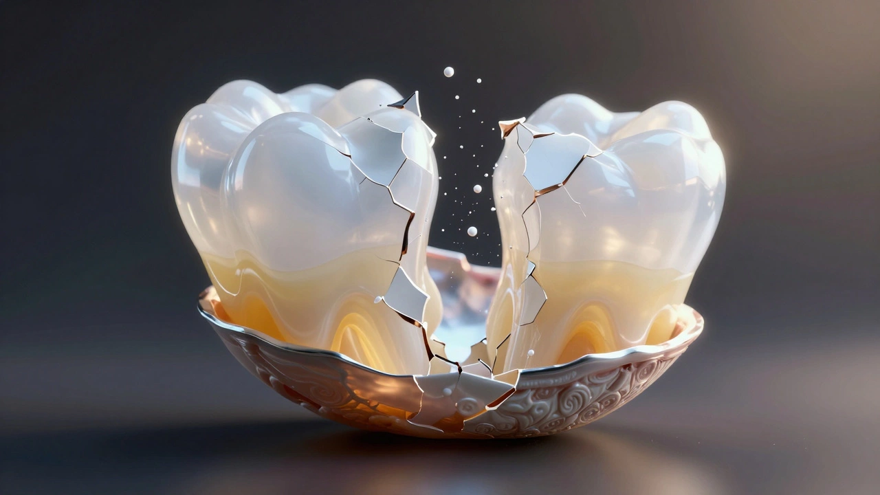 Křehký smalt se rozbíjí jako led, odhaluje žlutý dentin a abrazivní částečky