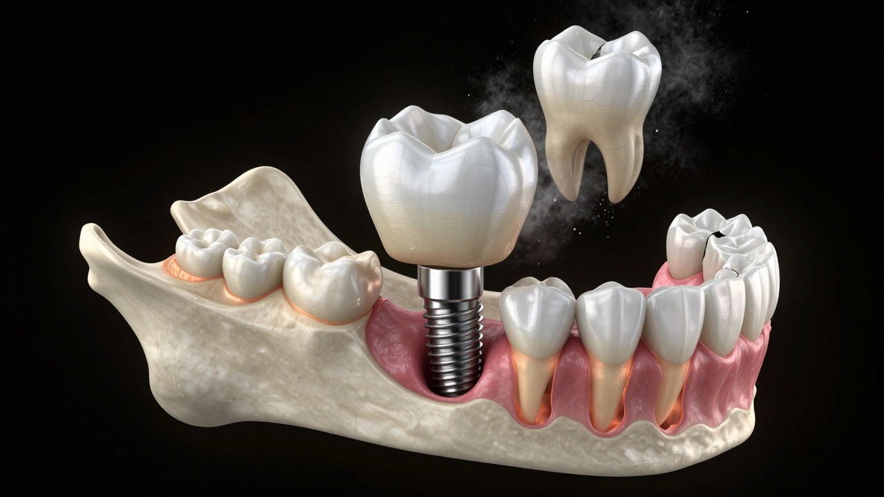 Přirozený řez čelistí s titanovým implantátem spojeným s kostí a korunkou z keramiky.