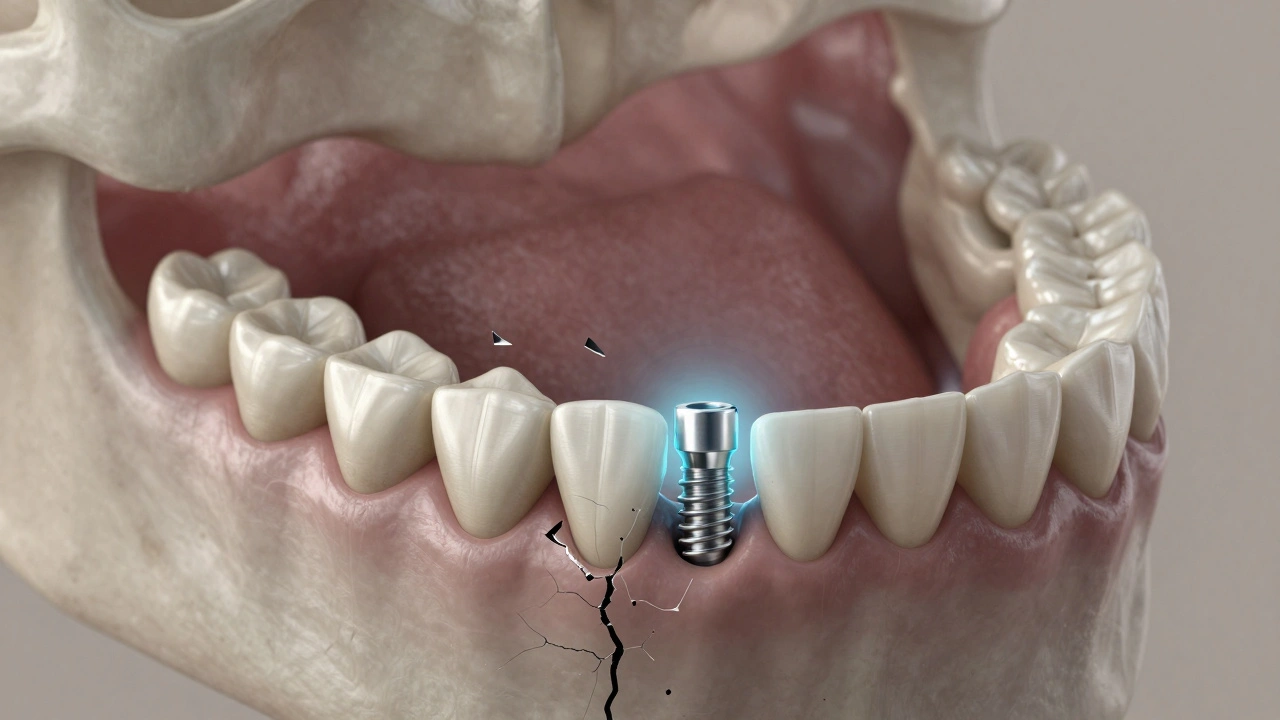 Řez čelistí s implantátem spojeným s kostí, zatímco poškozené zuby mizí.