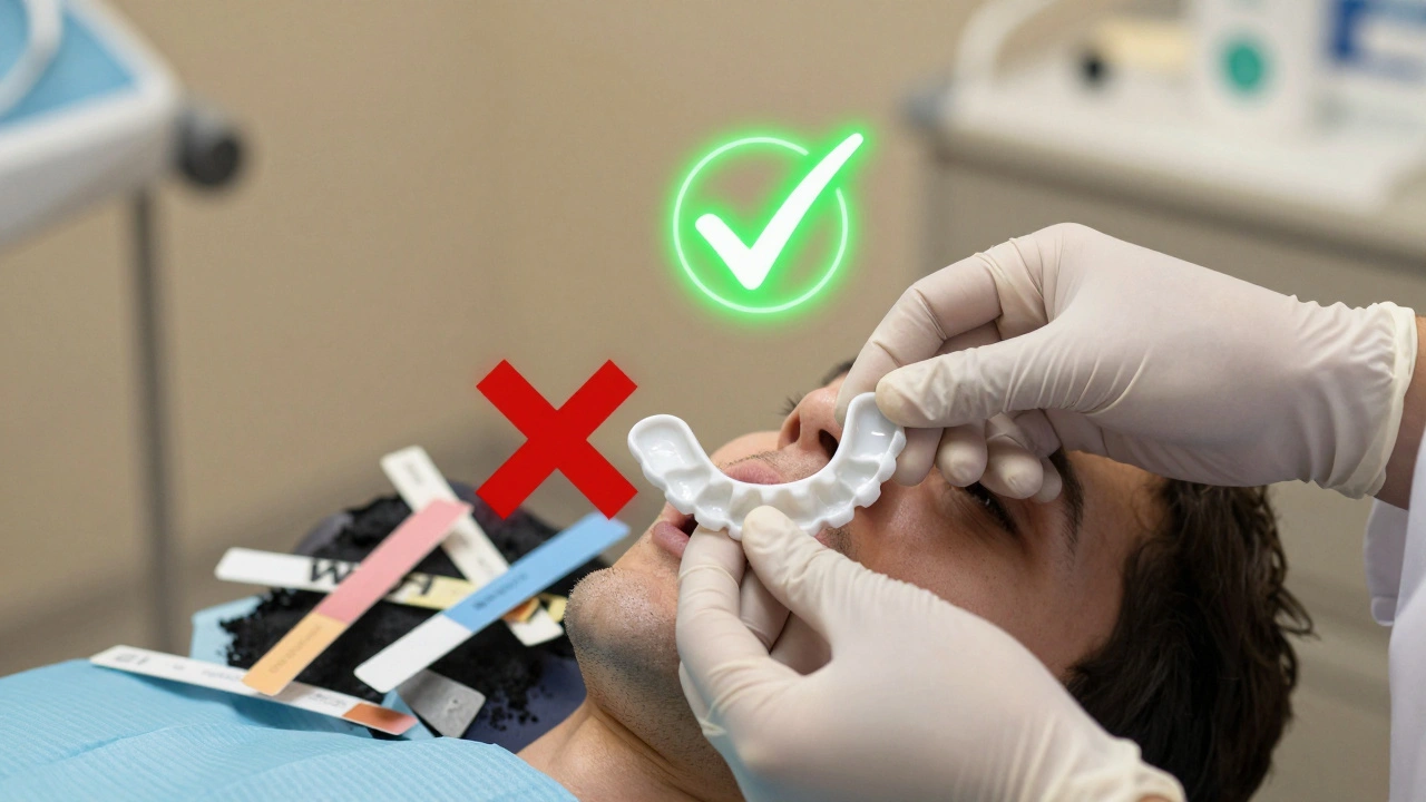 Zubní lékař přikládá přizpůsobenou šablonu do úst pacienta, zatímco nekvalitní produkty zanikají.