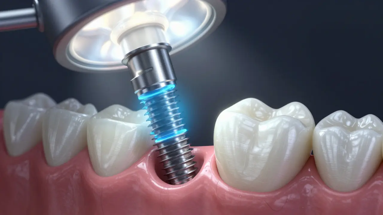 Detail zubního implantátu v čelisti s integrací kosti a korunkou.
