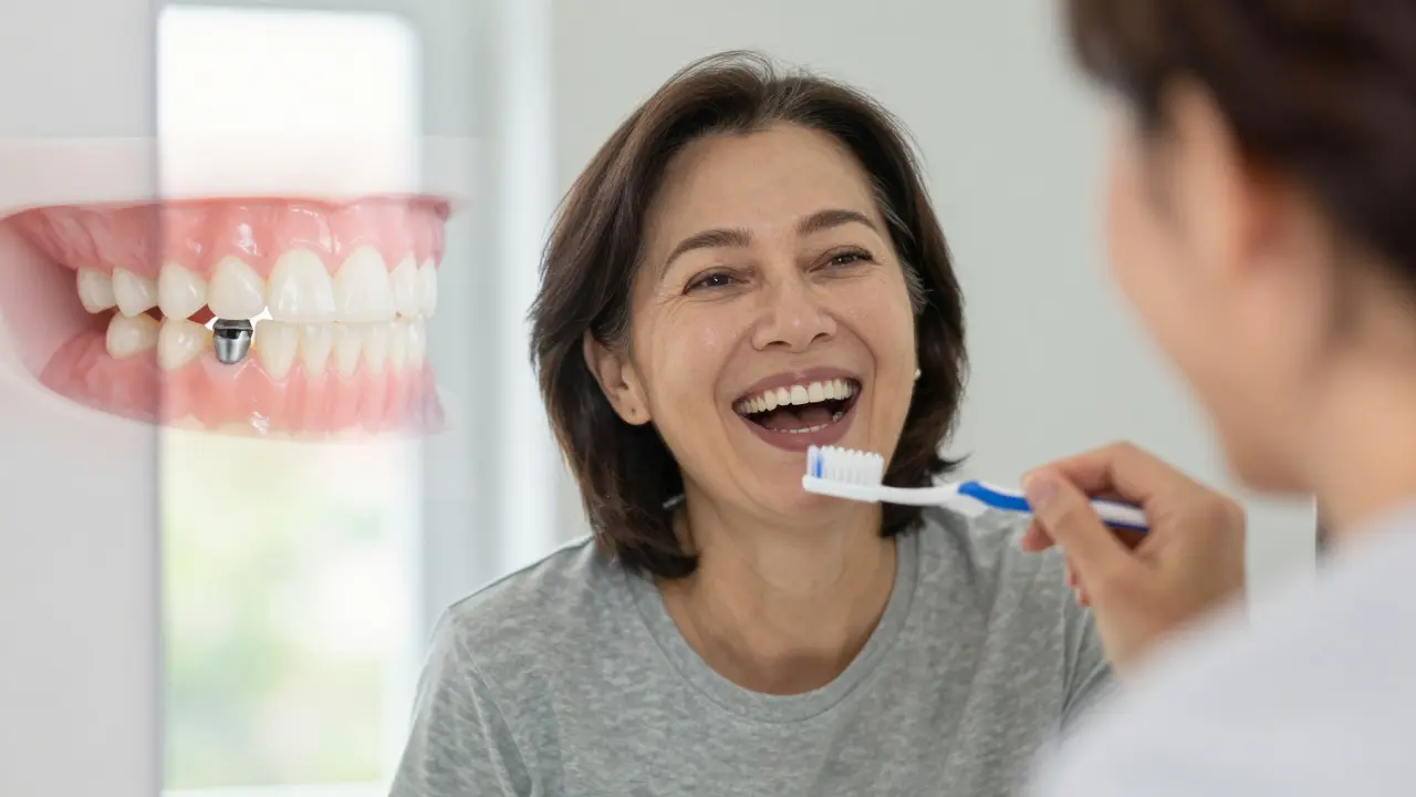 Person smiling in front of a mirror with translucent image of restored teeth.