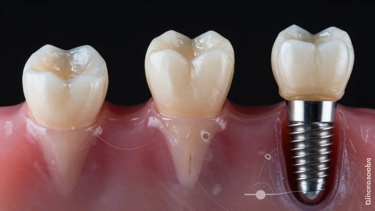 Three dental restoration options side by side: filling, crown, and implant with natural textures.
