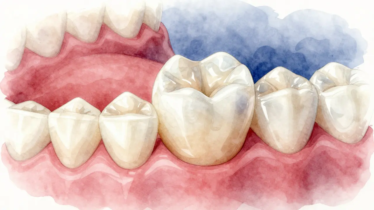 Watercolor-style illustration of a translucent ceramic crown on a front tooth reflecting a smile.