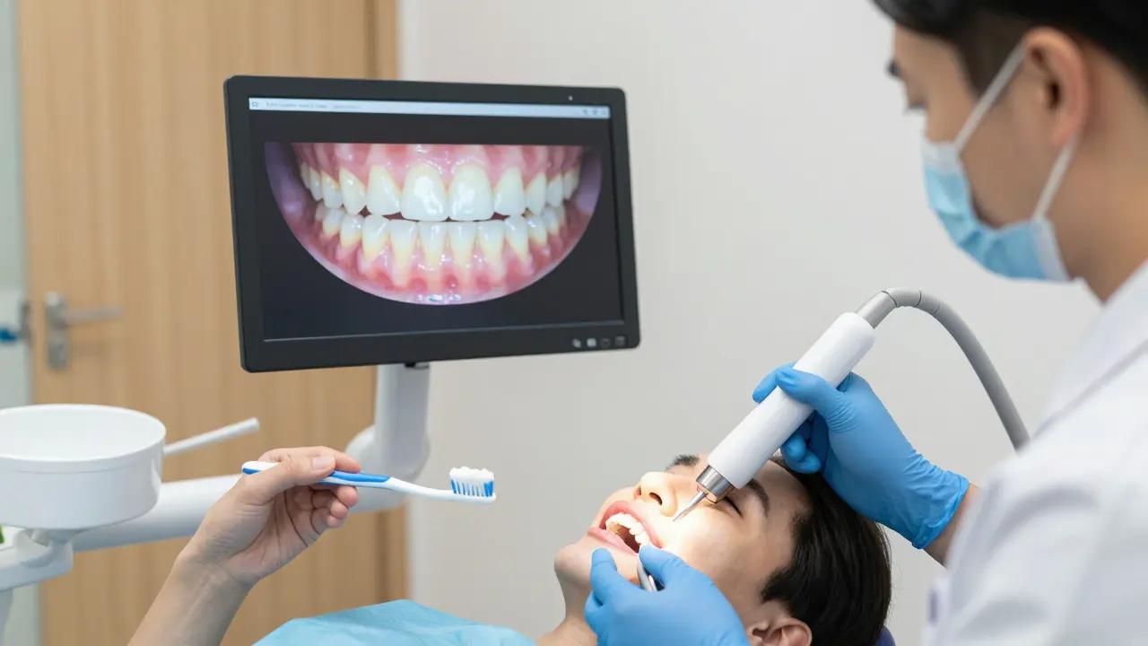 Zubař používá laserový skener k vyšetření zubů po ortodontické léčbě.