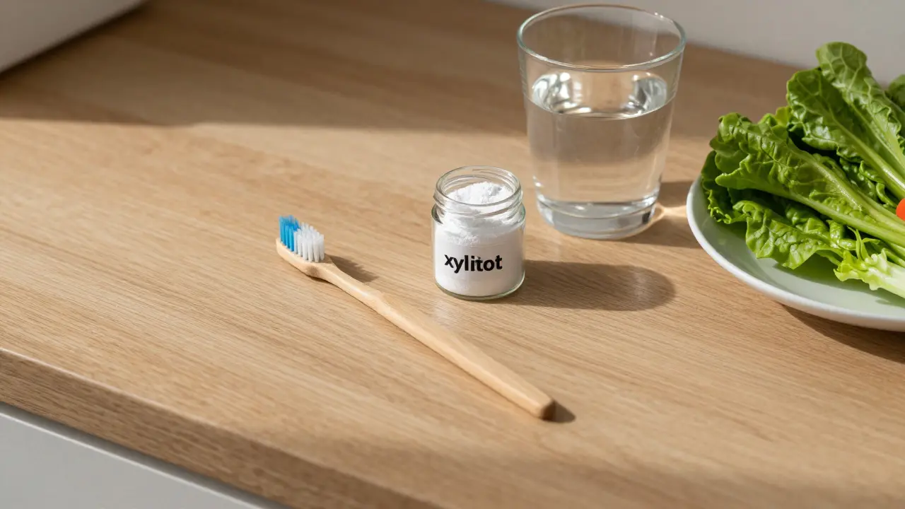 Zubní kartáček, xylitol a voda na dřevěném stole.