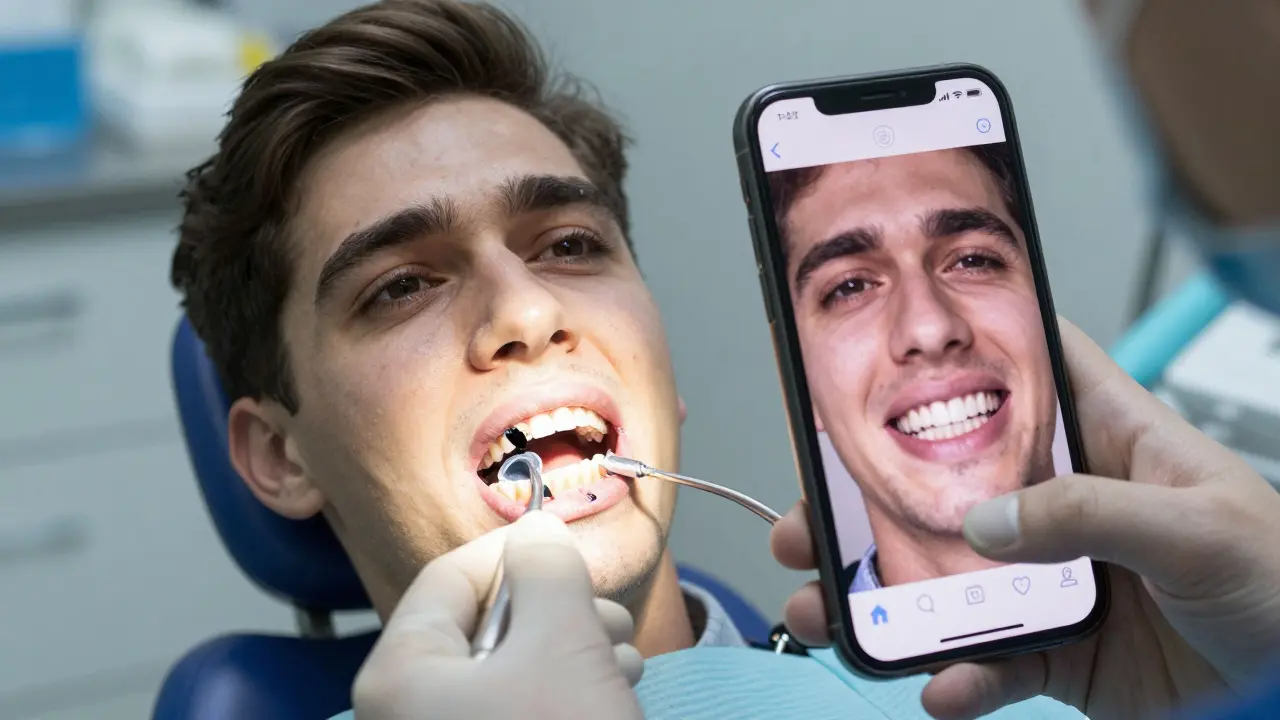 Zubní lékař odstraňuje plastovou náplast, odhalující tmavé a poškozené zuby pod ní.