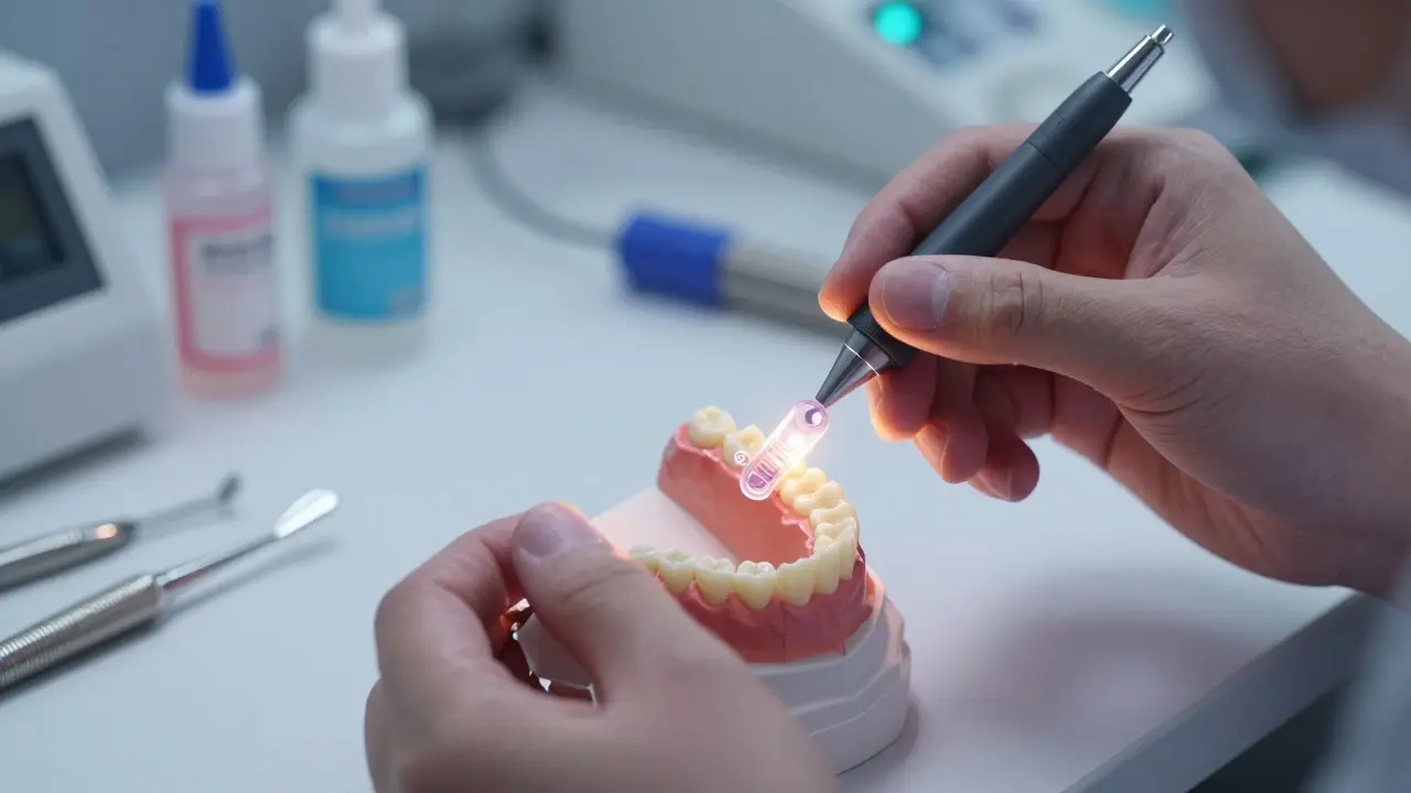 Technik v laboratoři upravuje keramické rovnátka s plastovými čepy na modelu zubů.