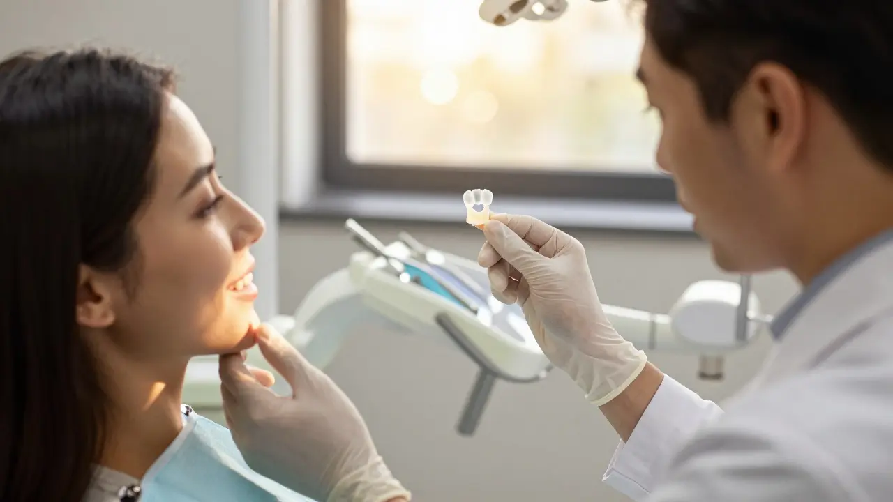 Dentista ukazuje zirkonovou korunku na světle, zatímco pacient pozoruje svůj úsměv ve zrcadle v klinice.