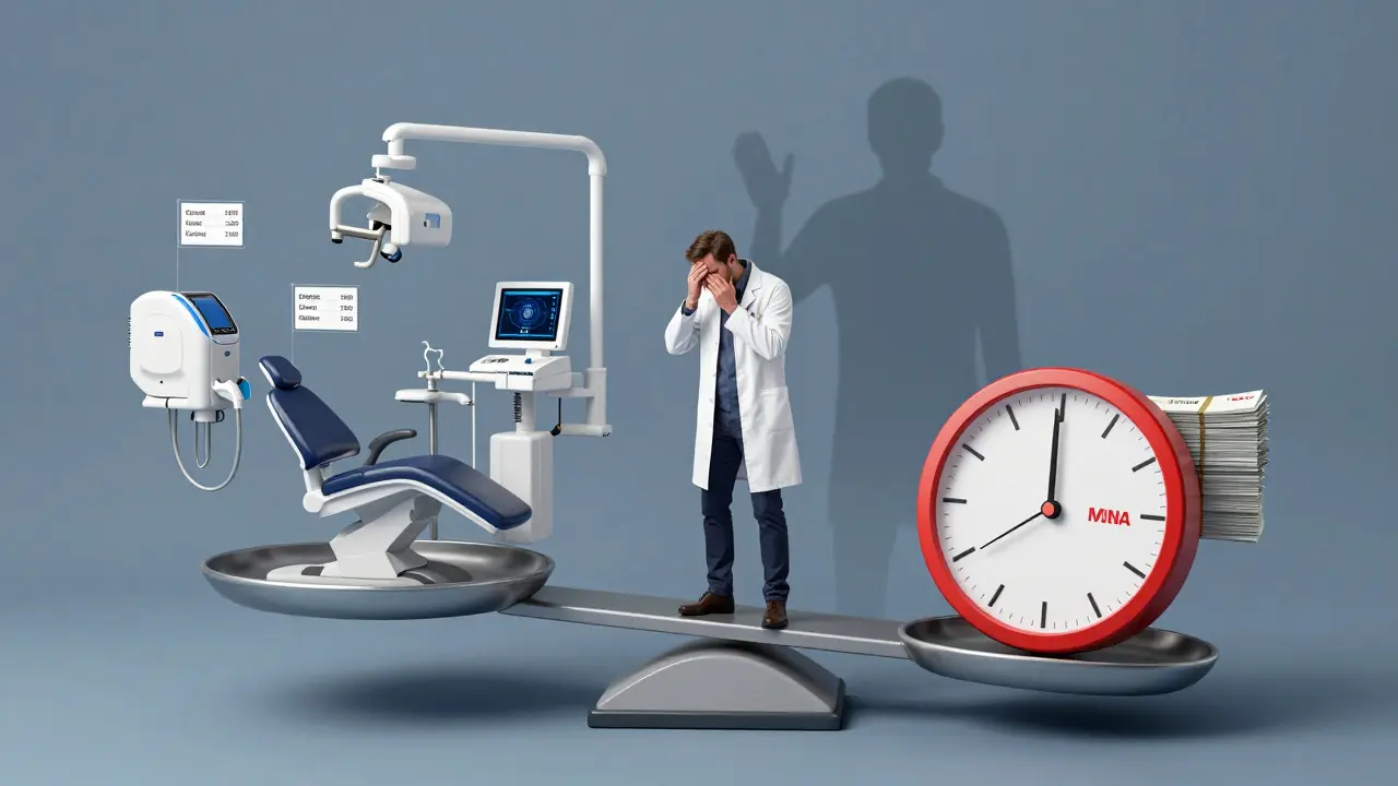 Surreal scale balancing expensive dental equipment against monthly bills, with a stressed dentist and looming loan shadow.