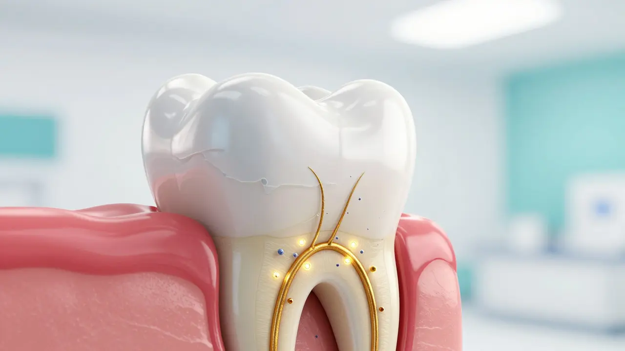 3D ilustrace vnitřku zubu s detailem dentinových kanálků a jejich uzavírání.