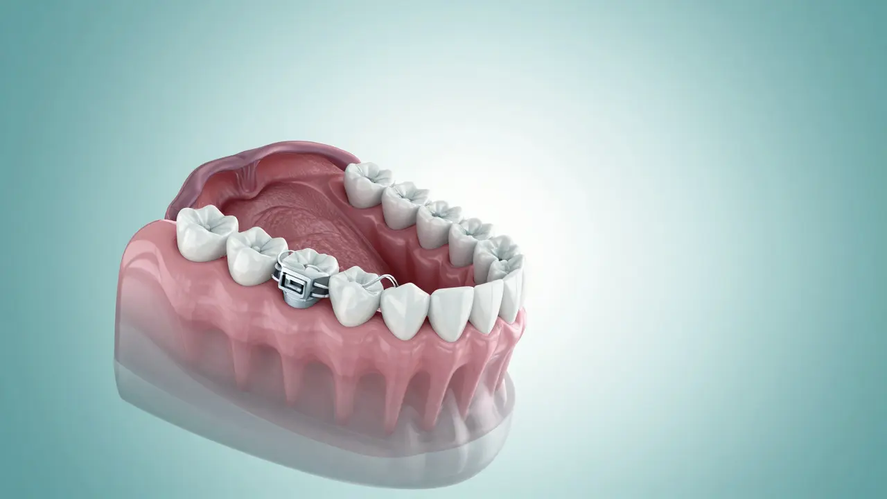 3D vizualizace lingválních rovnátek umístěných na vnitřní straně zubů.