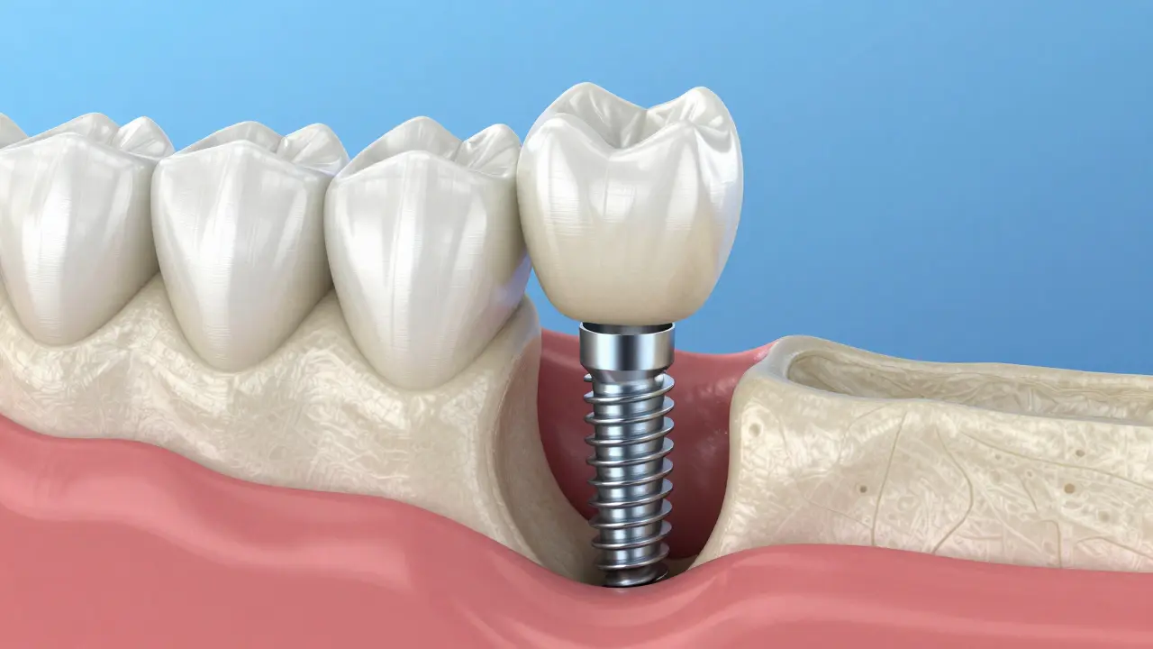 3D vizualizace titanového zubního implantátu integrovaného v čelistní kosti.