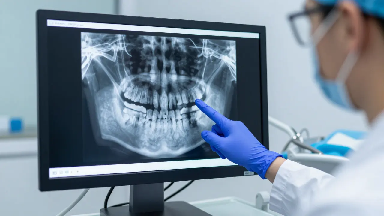 Digitální rentgen zubu odhalující skrytý mezizubní kaz v ordinaci.