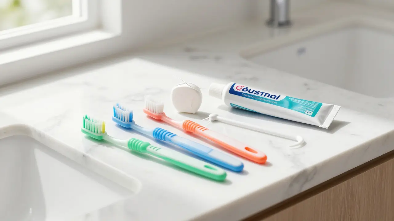 Sada mezizubních kartáčků a dentální nitě na bílém mramorovém povrchu.