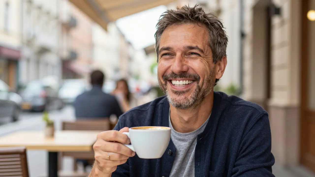 Šťastný člověk s přirozeným úsměvem užívá si kávu v prosvětleném cafe.