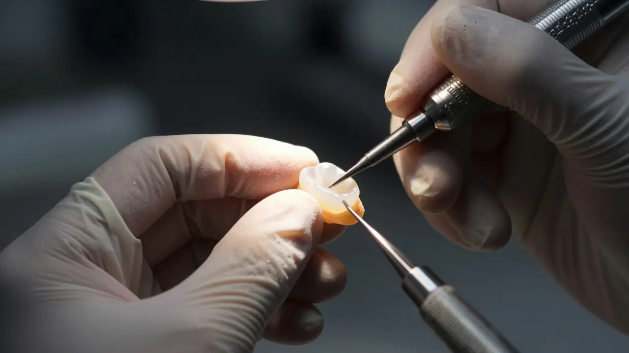 Zubní technik precizně tvaruje tenkou keramickou fázetu v laboratoři.