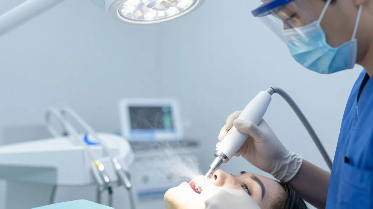 Dentální hygienista používající přístroj na pískování zubů v ordinaci