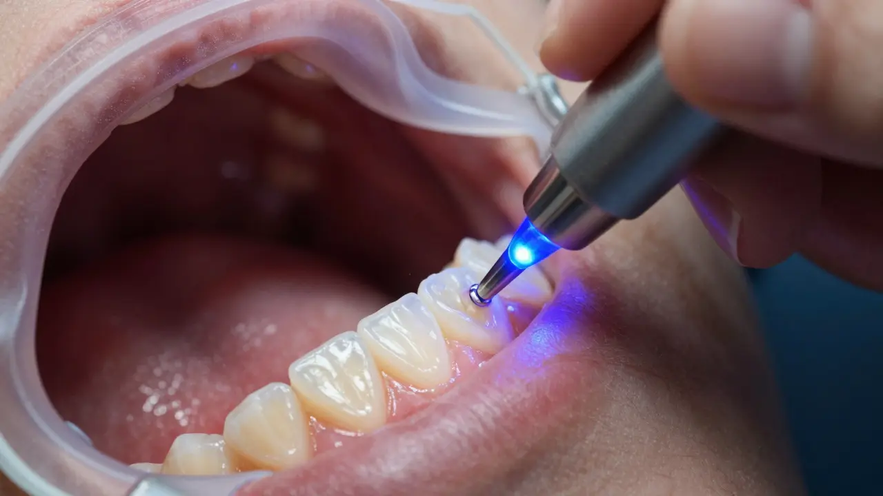 Makro záběr na aplikaci kompozitní pryskyřice při dentálním bondingovém postupu.