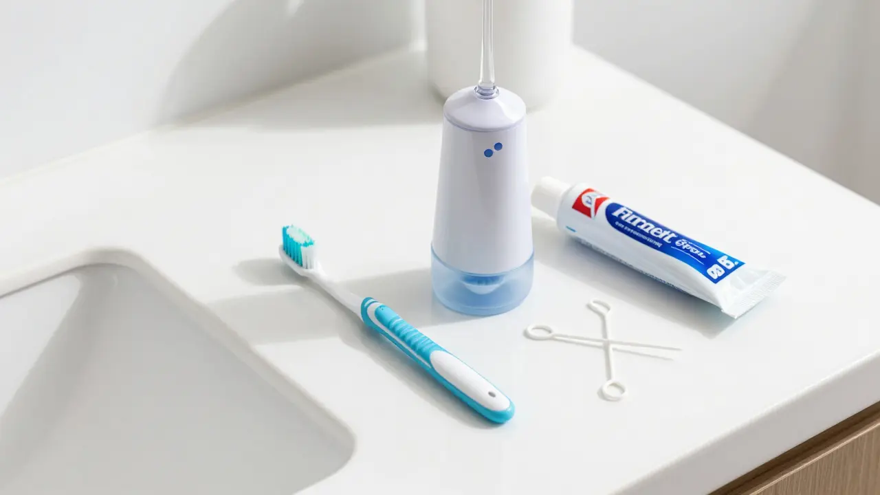 Nástroje pro ústní hygienu u rovnátek: mezizubní kartáček a irrigátor