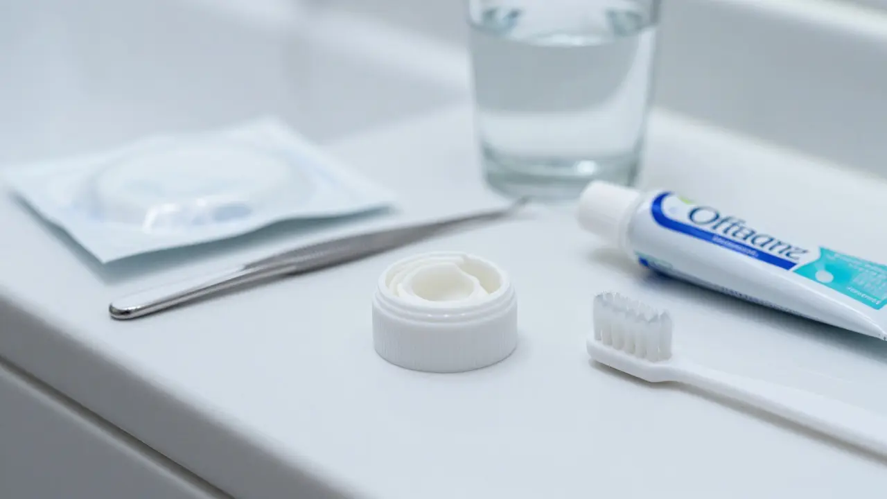 Ortodontický vosk a hygienické pomůcky na umyvadle