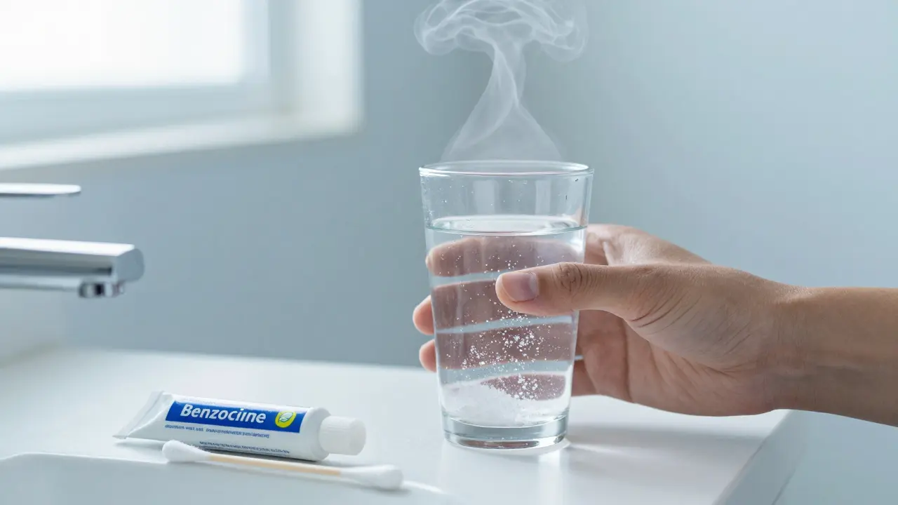 Sklenice slané vody a gel s benzokainem pro okamžitou úlevu od bolesti zubů.