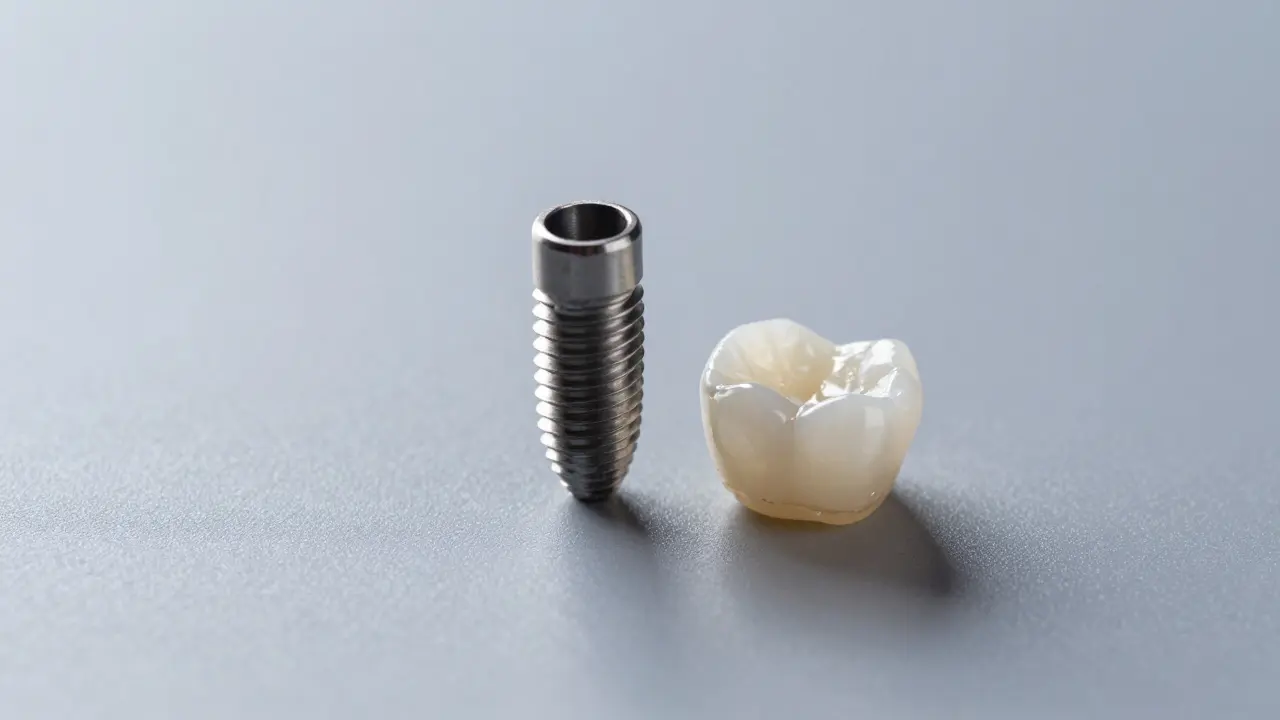 Titanový implantát a keramická korunka na šedém pozadí