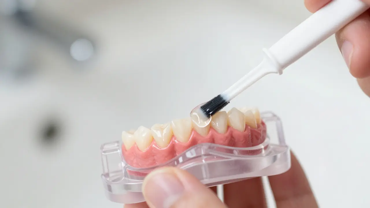 Detail aplikace bělicího gelu do průhledné náložky