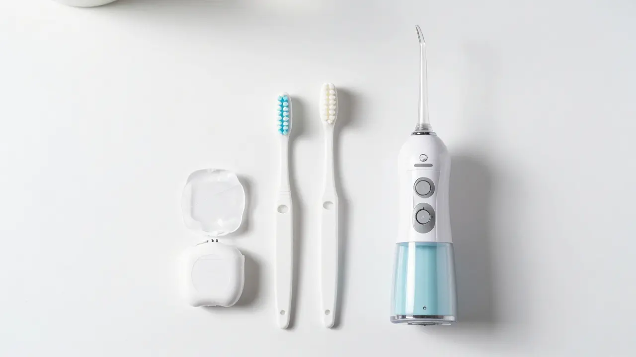 Hygienické pomůcky: zubní nit, kartáčky a irrigátor