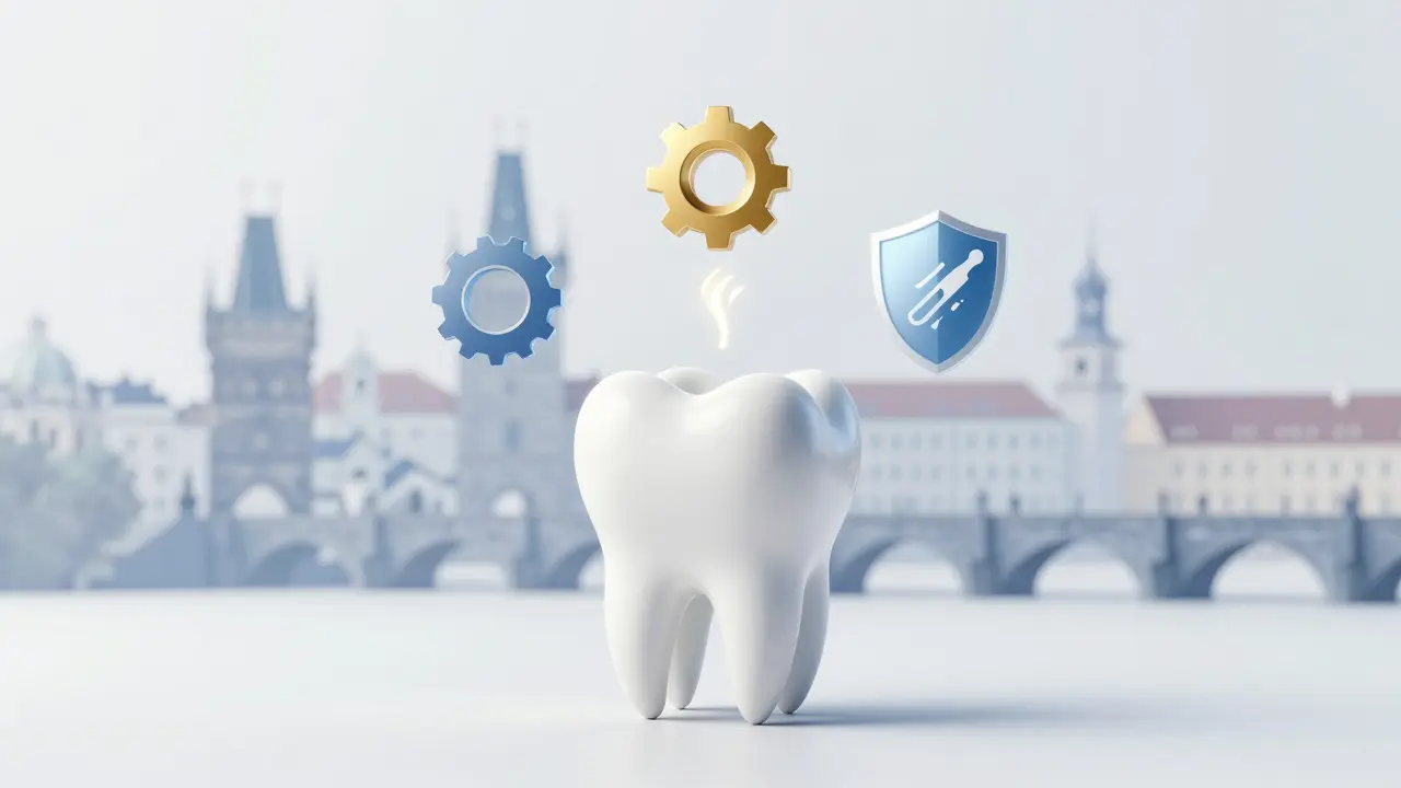 Konceptuální ilustrace cen dentální hygieny s motivem Prahy a ikon služeb