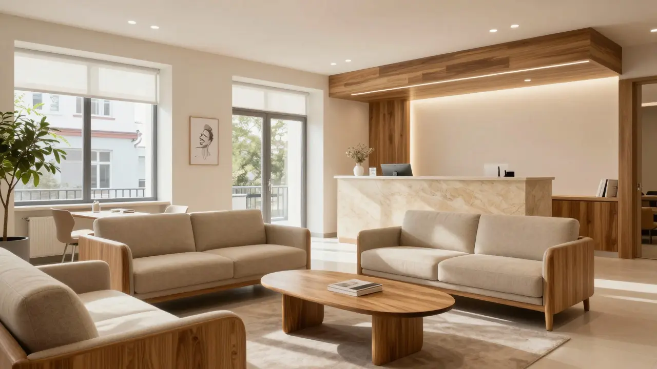 Moderní a luxusní čekací místnost prémiové zubní kliniky v Praze