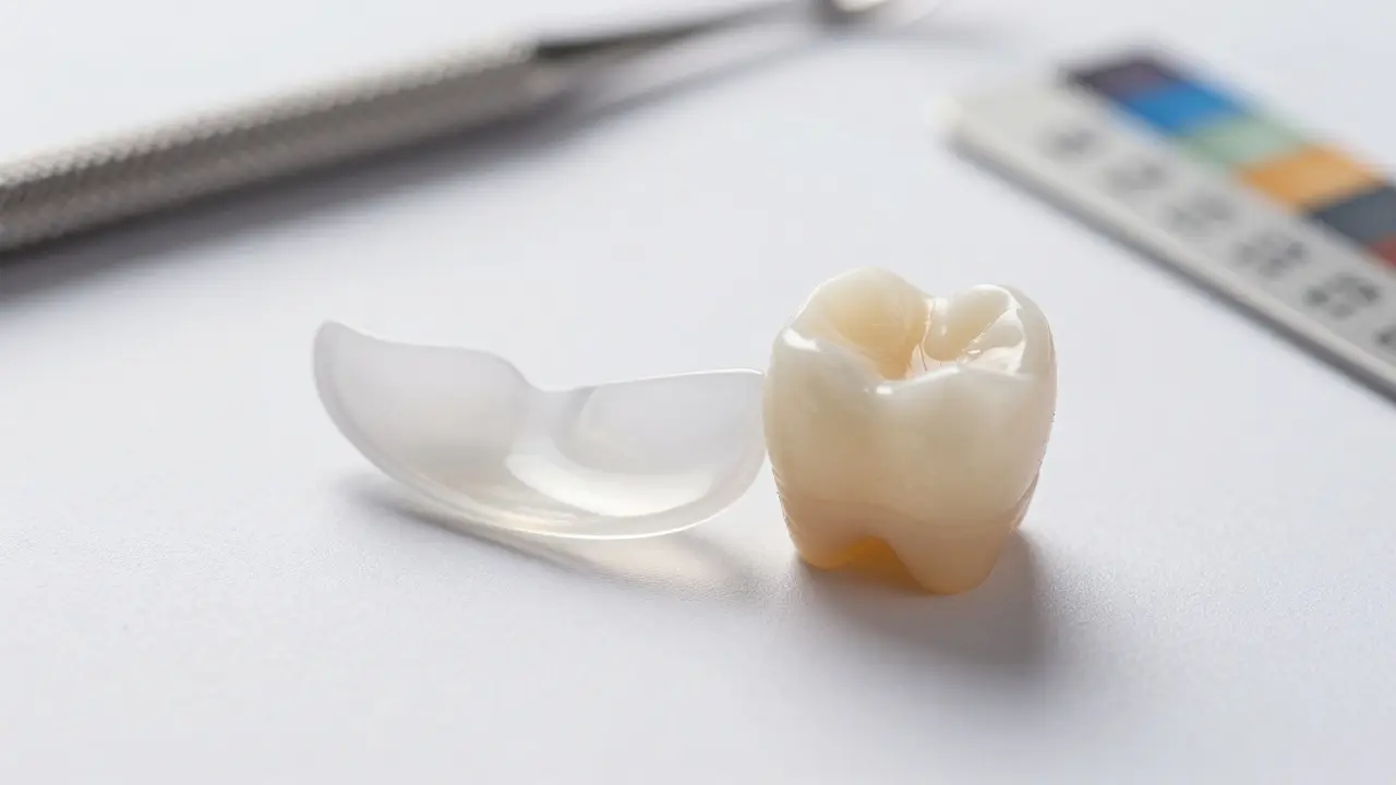 Porcelánová fazeta vedle modelu zubu