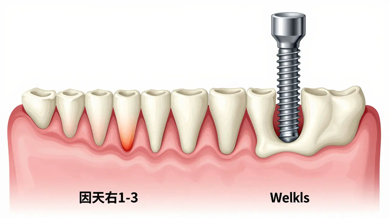 Schéma hojení kosti kolem implantátu