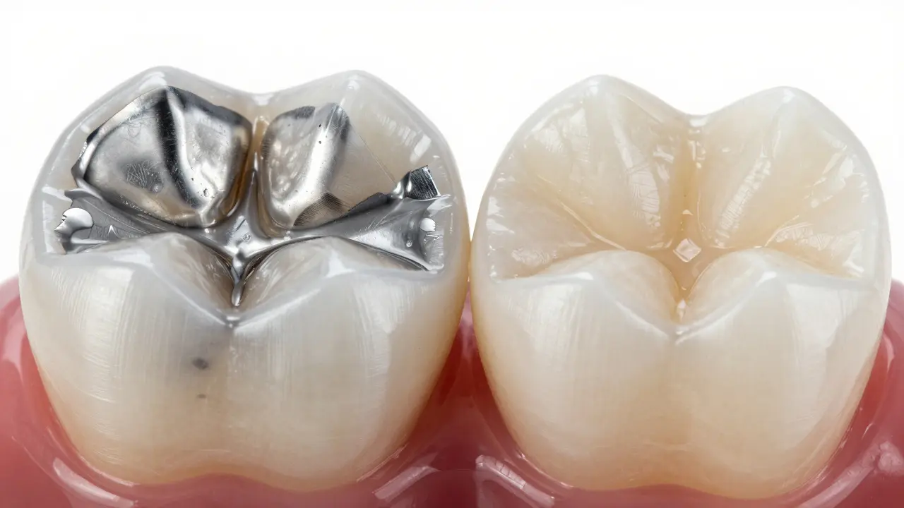 Srovnání stříbrné amalgamové a esteticke bílé kompozitní výplně na zubech