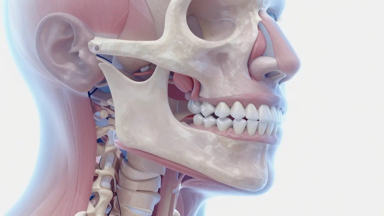 Anatomická ilustrace ukazující, jak zuby podporují rty a svaly tváře