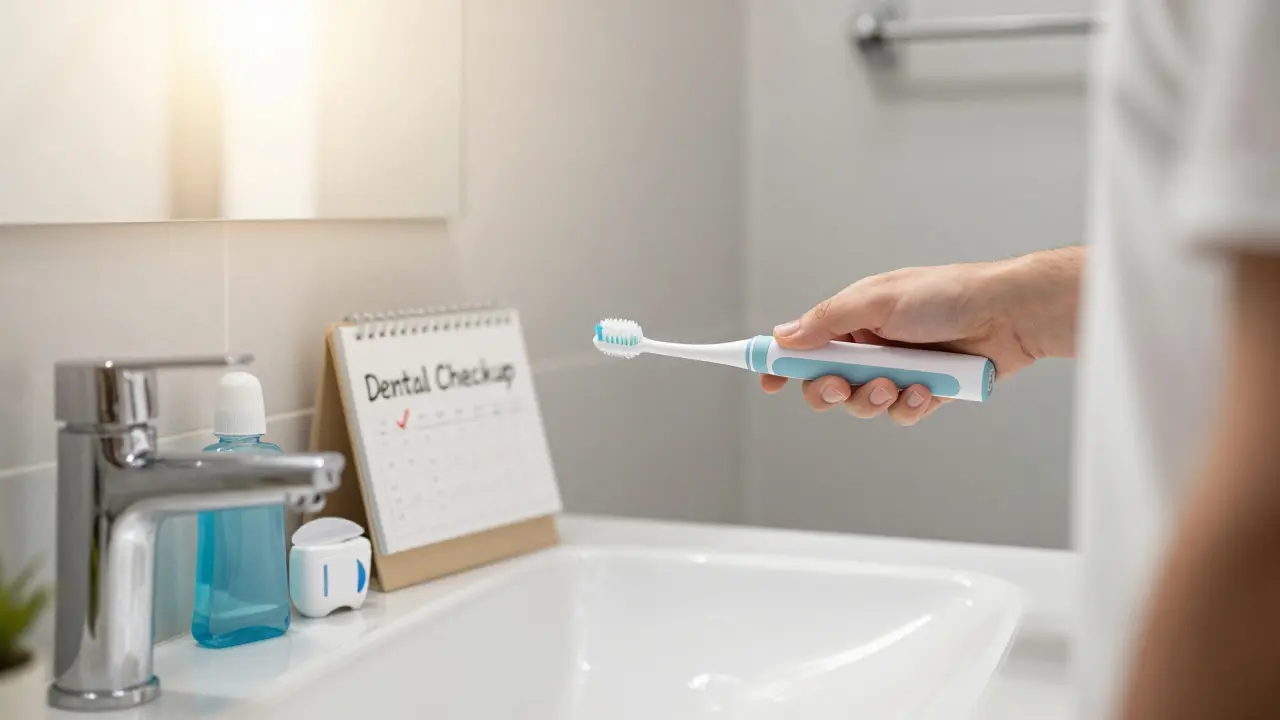 Člověk čistící zuby elektrickou kartičkou s hygienickými potřebami