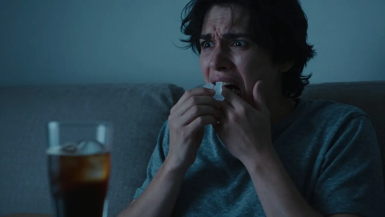 Člověk s bolestí v ústech při žvýkání tvrdého jídla večer