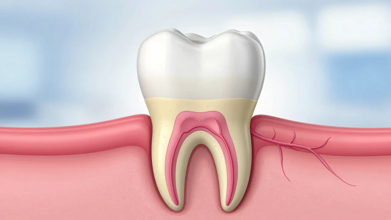 Příčný řez zubem ukazující sklovinu, dentin, pulpu a kořen
