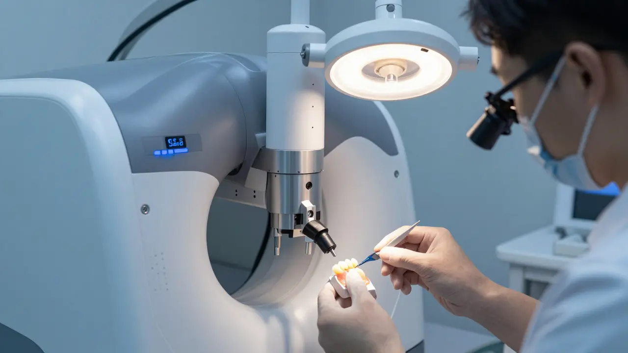 Technik v laboratoři kontroluje keramický zub pod mikroskopem