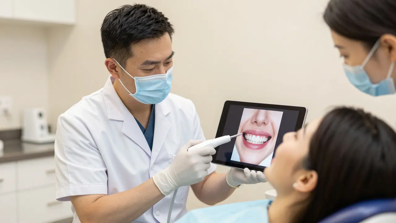 Zubní lékař konzultuje digitální simulaci úsměvu s pacientem