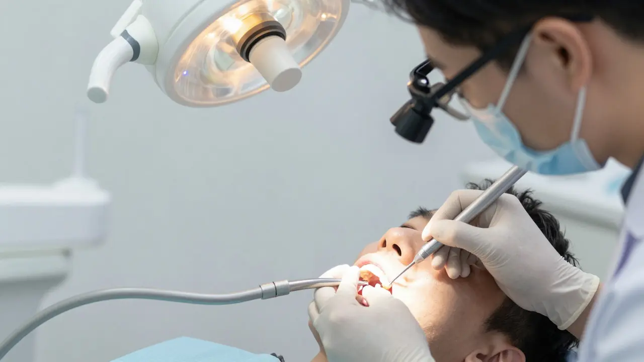 Zubní lékař provádí detailní vyšetření dásní sondou